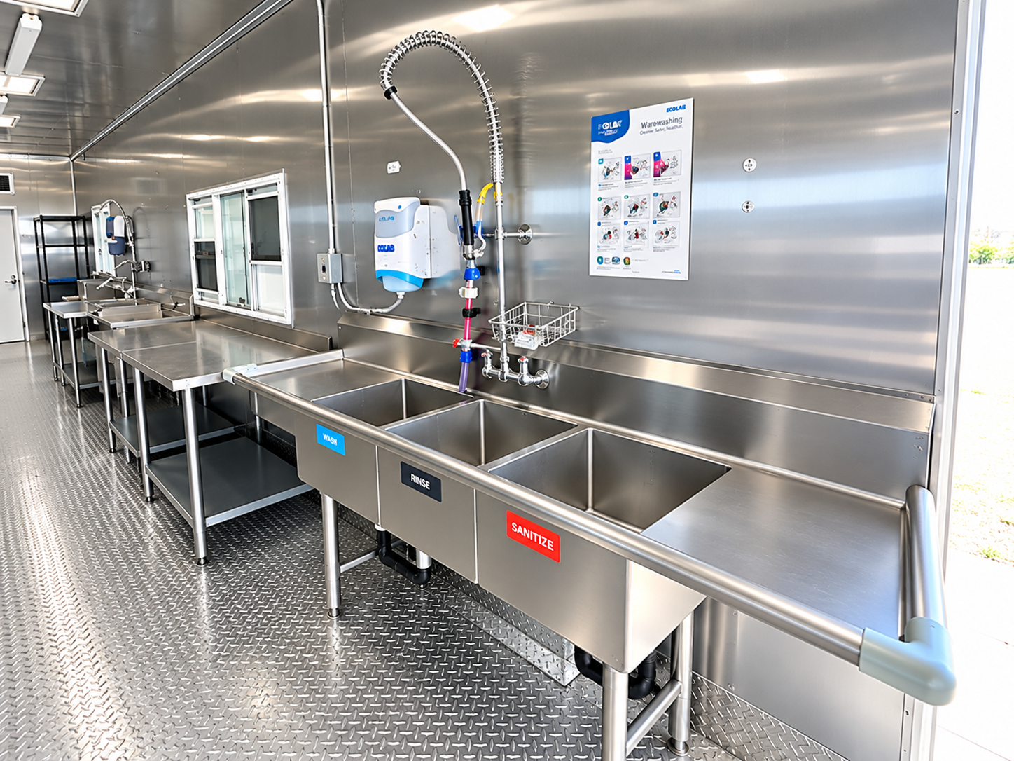 Commercial dishmachine work area inside a portable commercial dishwashing trailer rental
