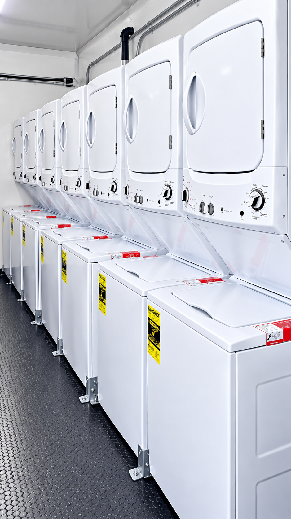 Commercial washers and dryers inside a mobile commercial laundry trailer rental