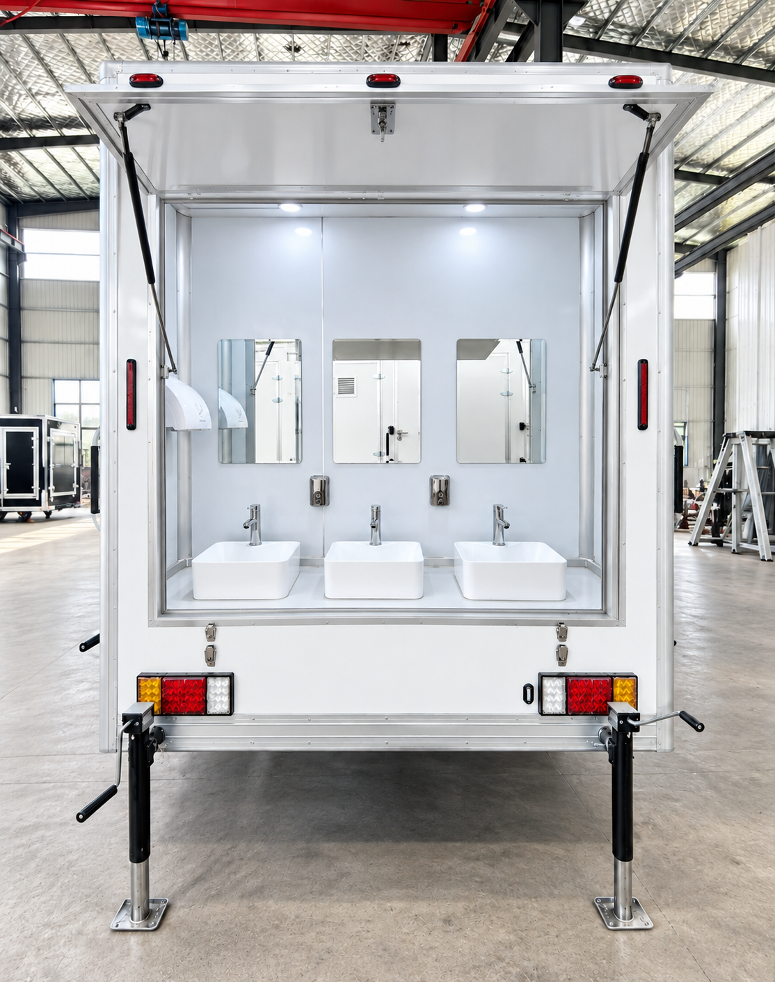 Private stall interior inside a mobile commercial shower trailer rental