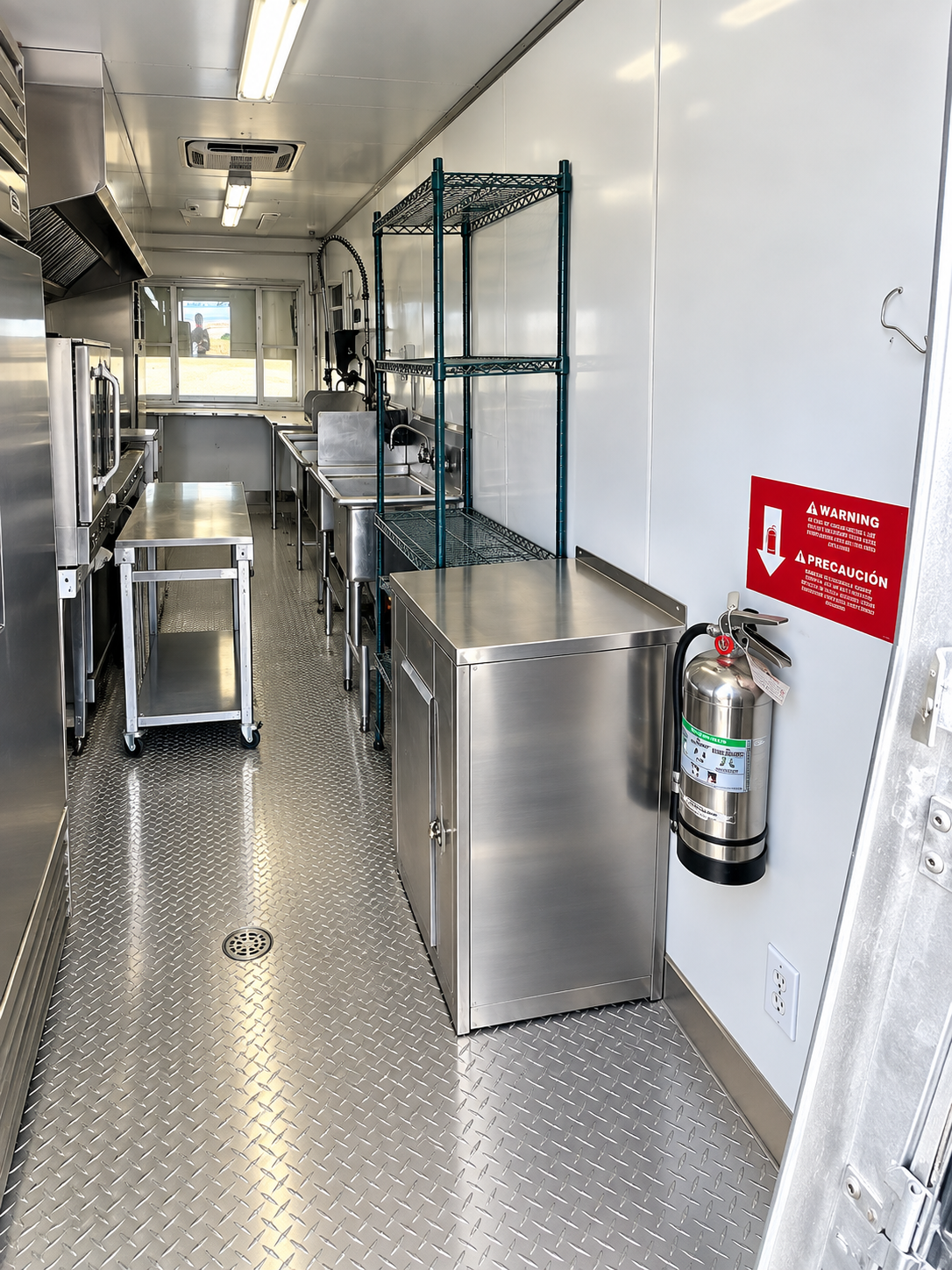 Stainless steel cooking line inside a mobile commercial kitchen trailer rental