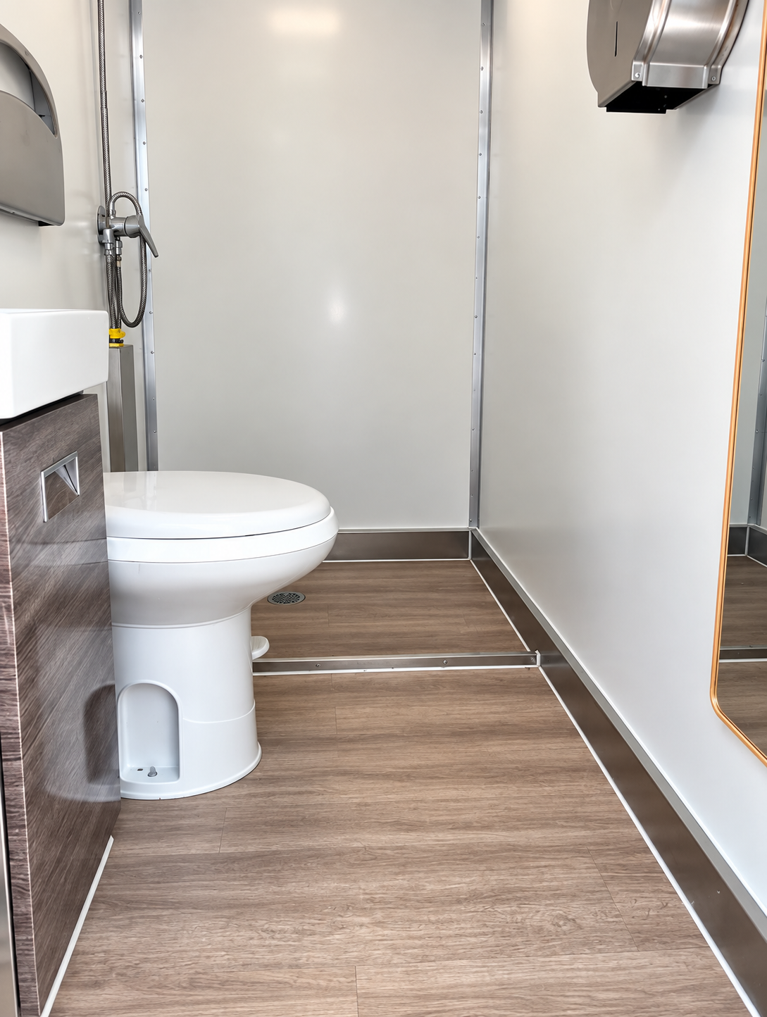 Interior of a commercial shower and restroom combination rental facility